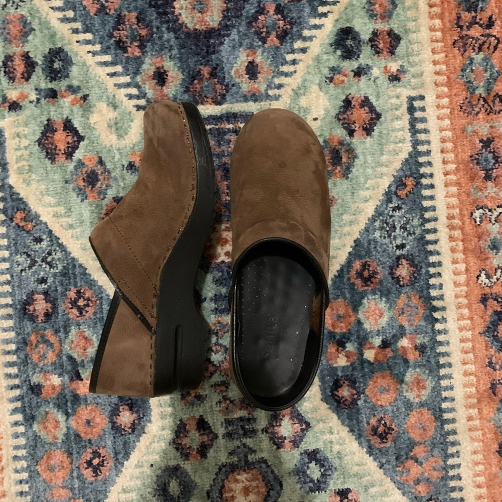 Brown nubuck sanita clogs, size 39